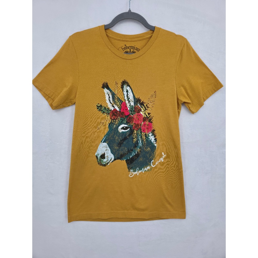 Bohemian Cowgirl Mustard Yellow Donkey Floral Crown Graphic Tee Shirt Womens S